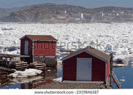 Fishing stages, in the town of Twillingate, surrounded by pack ice, Newfoundland and Labrador, Canada. 