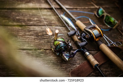 Fishing tackle blurred background.