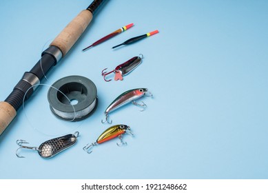 Fishing tackle, hooks, fishing line spinning. Firms of fishing tackle Jaxon, Yo-Zuri, Condor, Balzer and Nordhook. Ukraine, Chernihiv, February 2020.