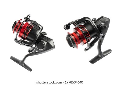 Fishing Tackle. Fishing Reel Isolated On White Background With Clipping Path. Modern Fishing Reel Isolated. Empty Space. Copy Space. Mockup