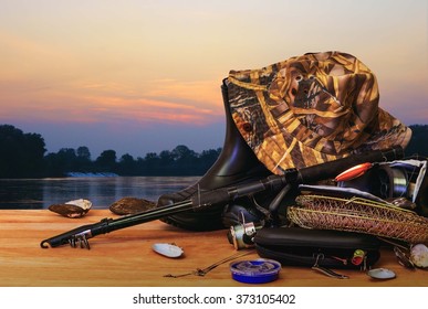 Fishing tackle and sunset