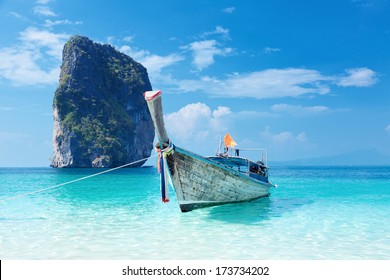 Fishing thai boat and landmark at Poda island, Krabi Province, Andaman Sea, South of Thailand 