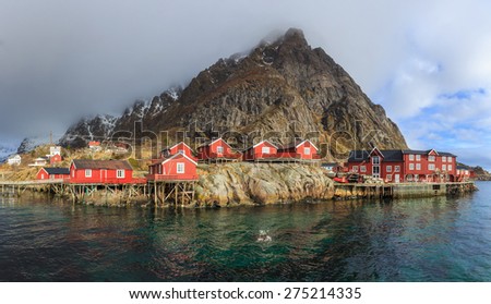 Similar – Red cottages-tourist rorbuer in A i Lofoten. Sorvagen-Norway-323