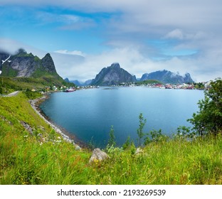 Fishing Village Reine (Lofoten, Norway). Summer Cloudy View.