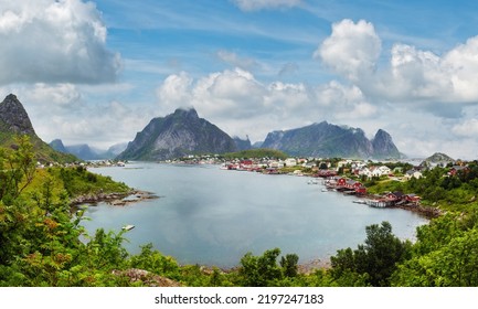 Fishing Village Reine (Lofoten, Norway). Summer Cloudy Panorama.