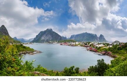 Fishing Village Reine (Lofoten, Norway). Summer Cloudy Panorama.