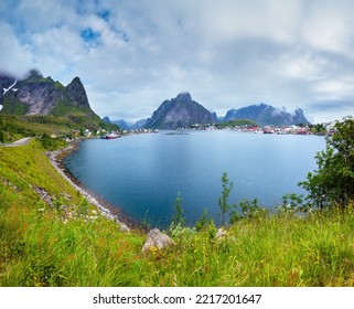 Fishing Village Reine (Lofoten, Norway). Summer Cloudy View.