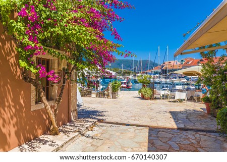 Fiskardo village and harbor on Kefalonia Ionian island, Greece.