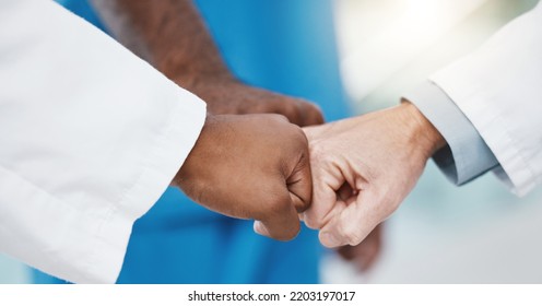 Fist Bump Hands, Healthcare Teamwork And Group Support For Medical Goals, Collaboration And Mission. Closeup Doctor Group Motivation, Partnership And Success Celebration For Medicine Solidarity Trust