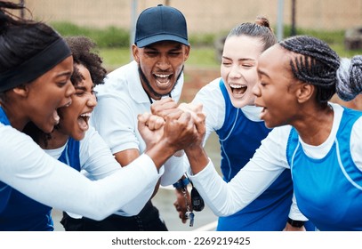 Fist, motivation or team support in netball training game screaming with hope or faith on sports court. Teamwork, fitness coach or group of excited athlete girls with pride or solidarity together - Powered by Shutterstock