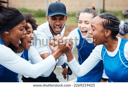 Fist, motivation or team support in netball training game screaming with hope or faith on sports court. Teamwork, fitness coach or group of excited athlete girls with pride or solidarity together