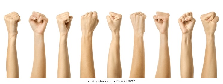 Fist. Multiple images set of female caucasian hand with french manicure showing fist gesture isolated over white background
