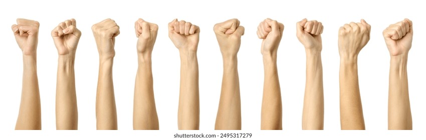 Fist. Multiple images set of female caucasian hand with french manicure showing fist gesture isolated over white background