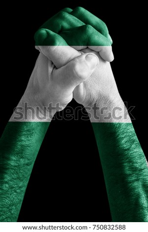 Fist painted in colors of nigeria flag, fist flag, country of nigeria