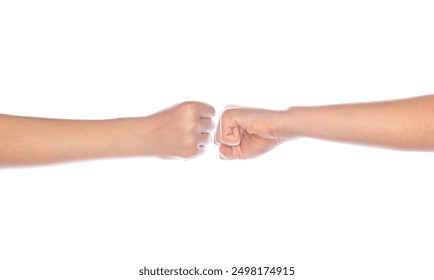 Fists colliding on white. Fist Bump. Clash of two fists. Gesture of giving respect or approval. Teamwork and friendship. Man and woman are fist bumping. Woman and kid are fist bumping. - Powered by Shutterstock