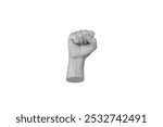 Fist-shaped female hand with clenched fingers making gesture demonstrating strength isolated on white background. Girl power, independence, activism. Trendy 3d collage. Contemporary art. Modern design