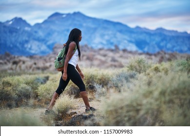 Fit African American Woman Hiking Through Alabama Hills Park In California