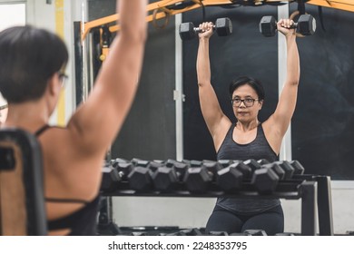 A fit asian woman in her 40s does a set of dumbbell seated presses in front of a mirror at the gym. Training upper body strength and shoulders.
