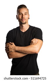 A Fit Attractive Man Wearing A Black T-shirt, With Arms Crossed Looking At Camera. White Background.