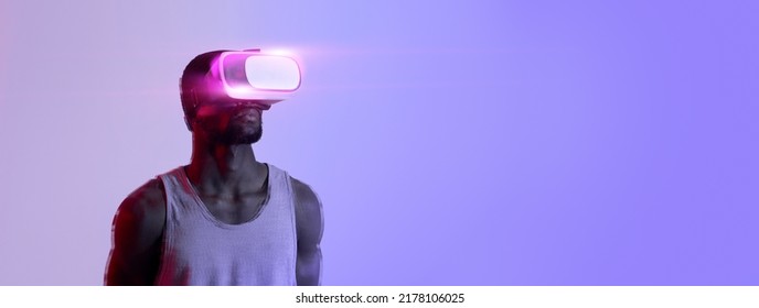 Fit Black Guy Wearing VR Headset, Exercising With Virtual Reality Gear In Neon Lighting, Using Modern Technologies For Online Workout, Enjoying Sports Simulation, Panorama With Copy Space, Collage