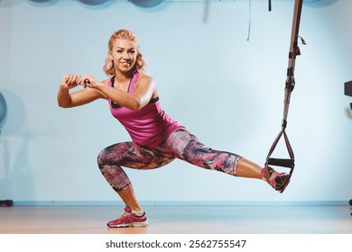 A fit blonde woman performs a TRX workout, balancing in a squat position with one leg extended, showcasing strength, balance, and determination in a brightly lit gym setting. Perfect for fitness theme - Powered by Shutterstock