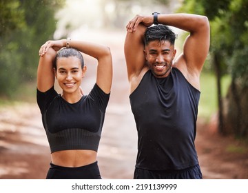 Fit couple or active, athlete friends stretching arms for exercise warmup outdoors in forest. Workout partners or smiling joggers about to run or do cardio training for health and wellness lifestyle - Powered by Shutterstock