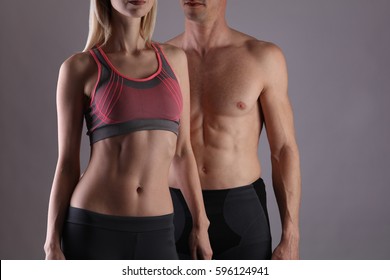 Fit Couple, Strong Muscular Man And Slim Woman . Sport, Fitness ,workout Concept. Copy Space