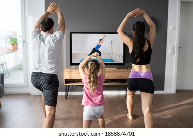 Fit Family Doing Home Online Stretching Yoga Fitness Exercise