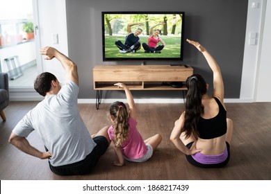 Fit Family Doing Home Online Stretching Yoga Fitness Exercise