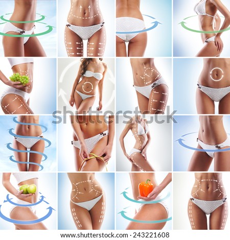 Fit female body isolated on white. Perfect people concept. Dieting, sport and healthy eating collage.