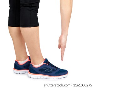 Fit female leg in sport shoe isolated on white background, copy space template.