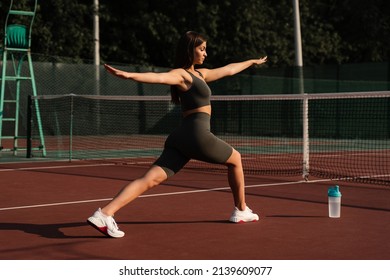 Fit Girl Do Fitness Exercise Lunges Outdoor. Workout Training Of Athlete Young Woman Outdoor. Healthy Lifestyle