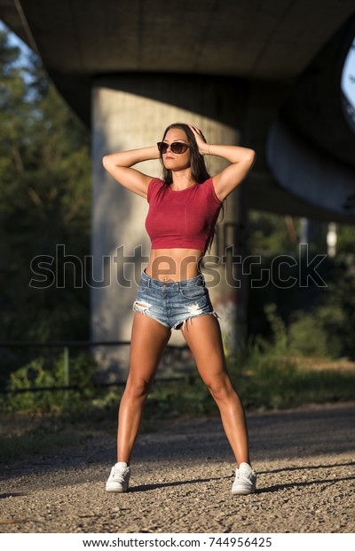 Fit Girl Wearing Hot Pants Red Stock Photo (Edit Now) 744956425