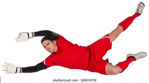 Fit Goal Keeper Jumping Up On White Background