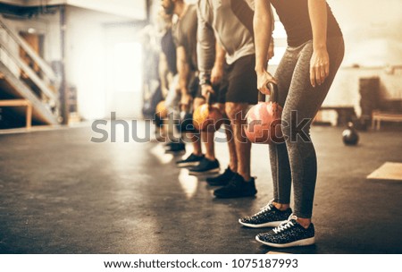 Fit group people in exercise gear standing in a row holding dumbbells during an exercise class at the gym