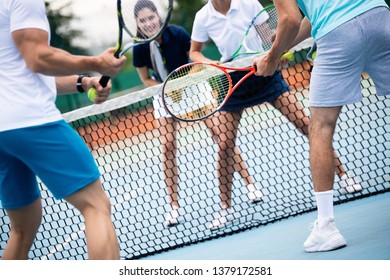 Fit Happy Poeple Playing Tennis Together. Sport Concept