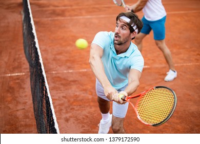 Fit Happy Poeple Playing Tennis Together. Sport Concept