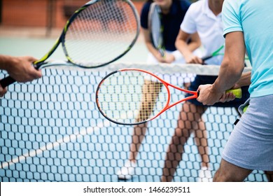 Fit Happy Poeple Playing Tennis Together. Sport Concept