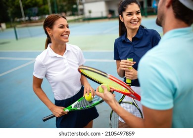 Fit Happy Poeple Playing Tennis Together. Sport Concept