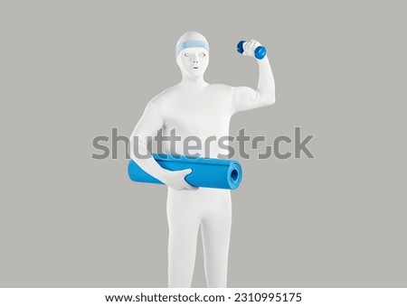 Fit man disguised in white skintight bodysuit costume, white mask and blue headband standing isolated on gray background and holding blue yoga mat and dumbbell. Fitness sports exercise workout concept