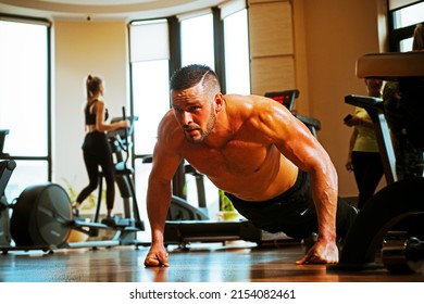 Fit Man Doing Pushup Exercise, Pushup Crunch. Fitness And Crossfit.