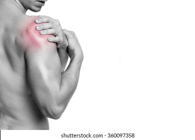 Fit Man Holding His Shoulder In Pain, Isolated On White Background