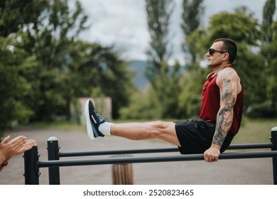 A fit man in a red tank top and sunglasses does leg raises on parallel bars at a park, showcasing strength and endurance. - Powered by Shutterstock