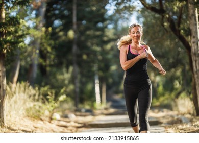 Fit Middle Age Women Are Jogging Through The Pine Forest Near Sea Shore And Enjoying In Summer Sunny Day.