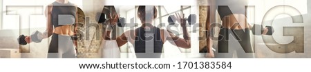 Fit people. Collage of young sporty girls doing sport exercises at gym together with an overlay of the word TRAINING. Panoramic banner header. Sport background