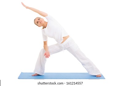 Fit Senior Woman Yoga On White Background