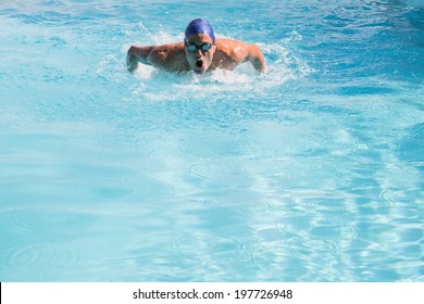 Fit swimmer doing the butterfly stroke in the swimming pool on a sunny day