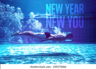 Fit Swimmer Training By Himself Against New Year New You