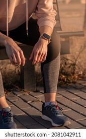 Fit Woman Checking Smart Watch Wearable Technology, Sport Smartwatch On Fitness Run Walk Outside. Top View From Above With Running Shoes In Street.