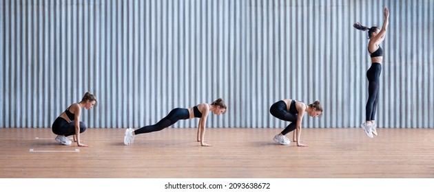 Fit woman doing a burpee exercise. Endurance training. Step by step instructions burpee.